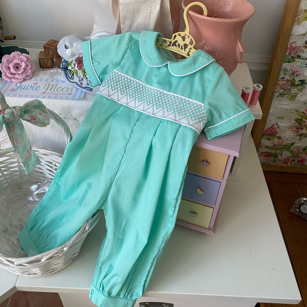Boy Smocked Mint and White One Piece Long All